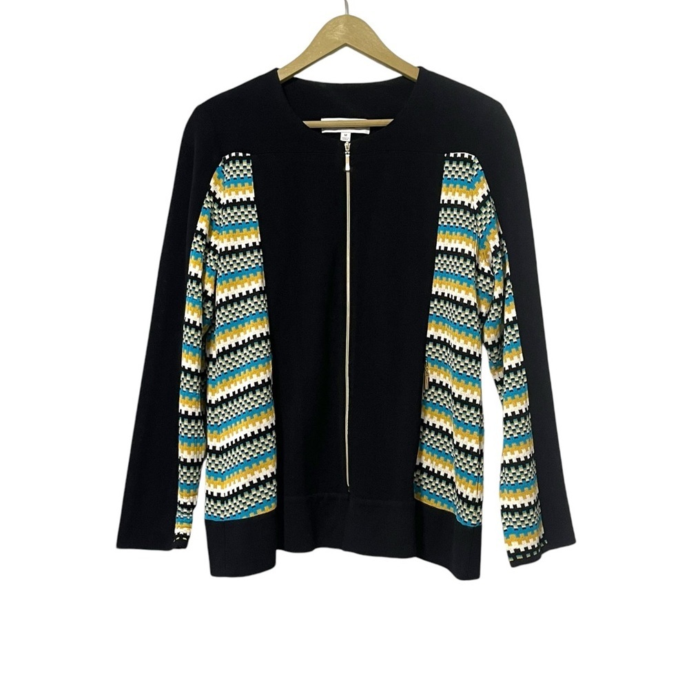 Exclusively Misook Black Blue Yellow Knit Full Zip Cardigan Size Medium